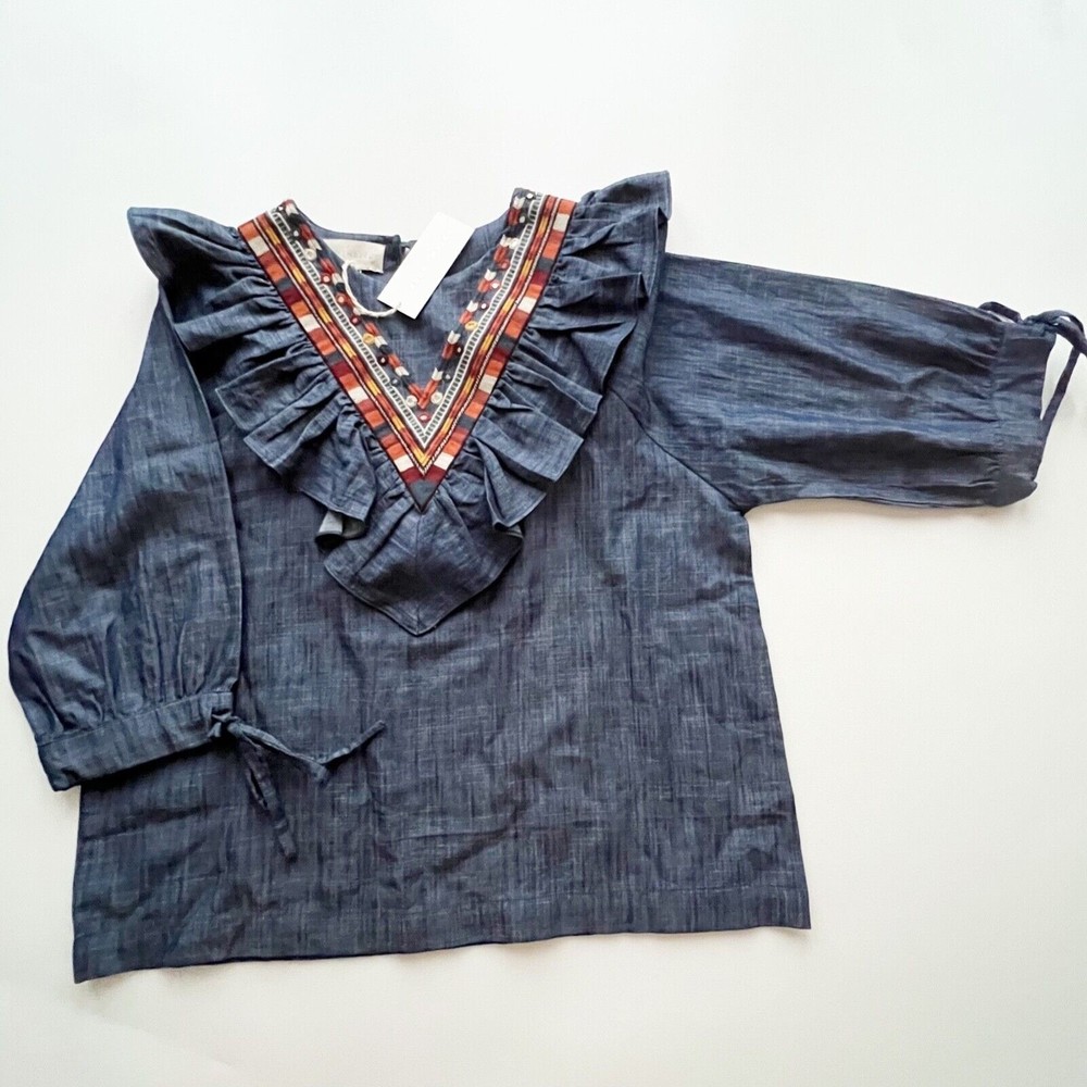 NWT Souk Indigo Hand Embroidered Chambray Top Ruffle V Neck 3/4 Sleeve Pull Over